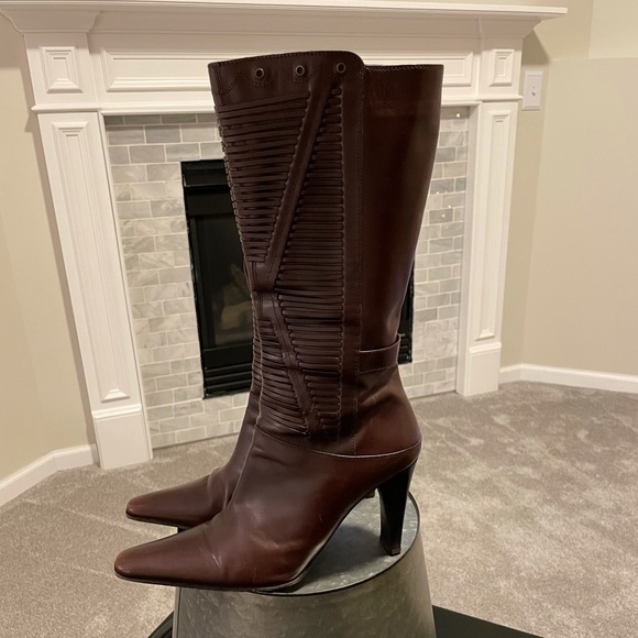 Via Spiga Shoes - Via Spiga Vector Brown Zip Woven Leather Heeled Boots